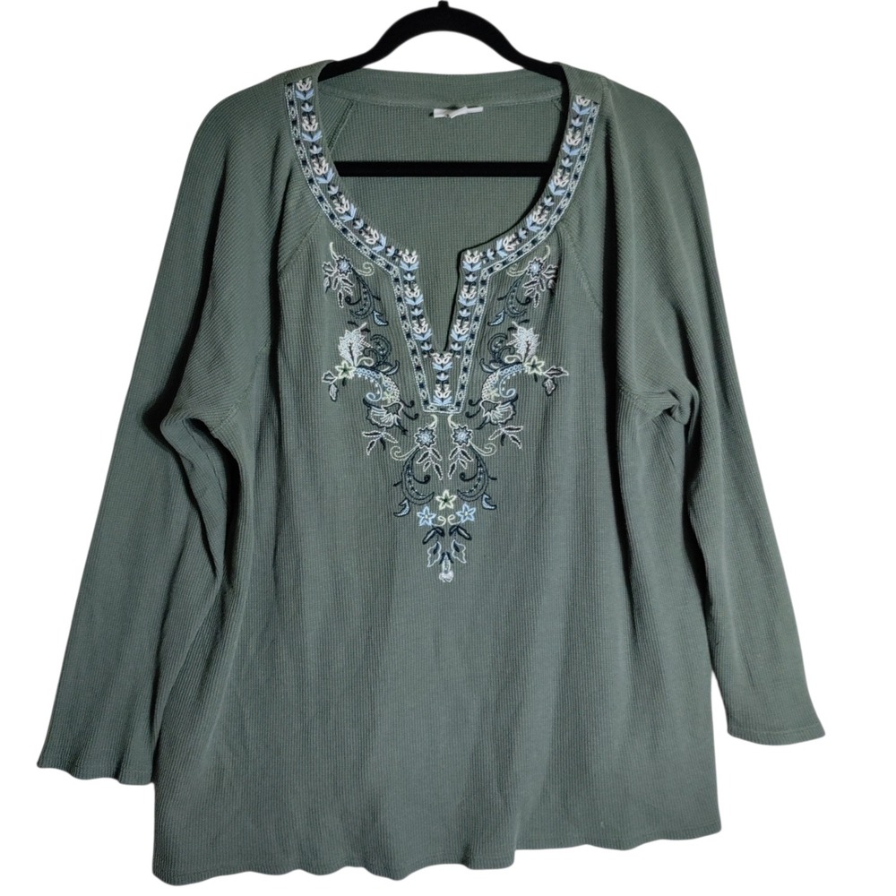 J. Jill Sage Green Embroidered Waffle Knit Thermal Top XL Cotton Tencel Blend